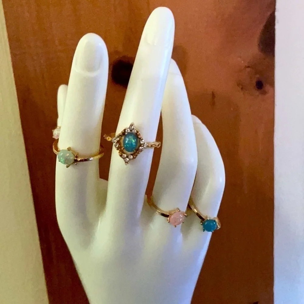 Opal Rhinestone Multicolored Pastel Stackable Rings - Picture 5 of 9